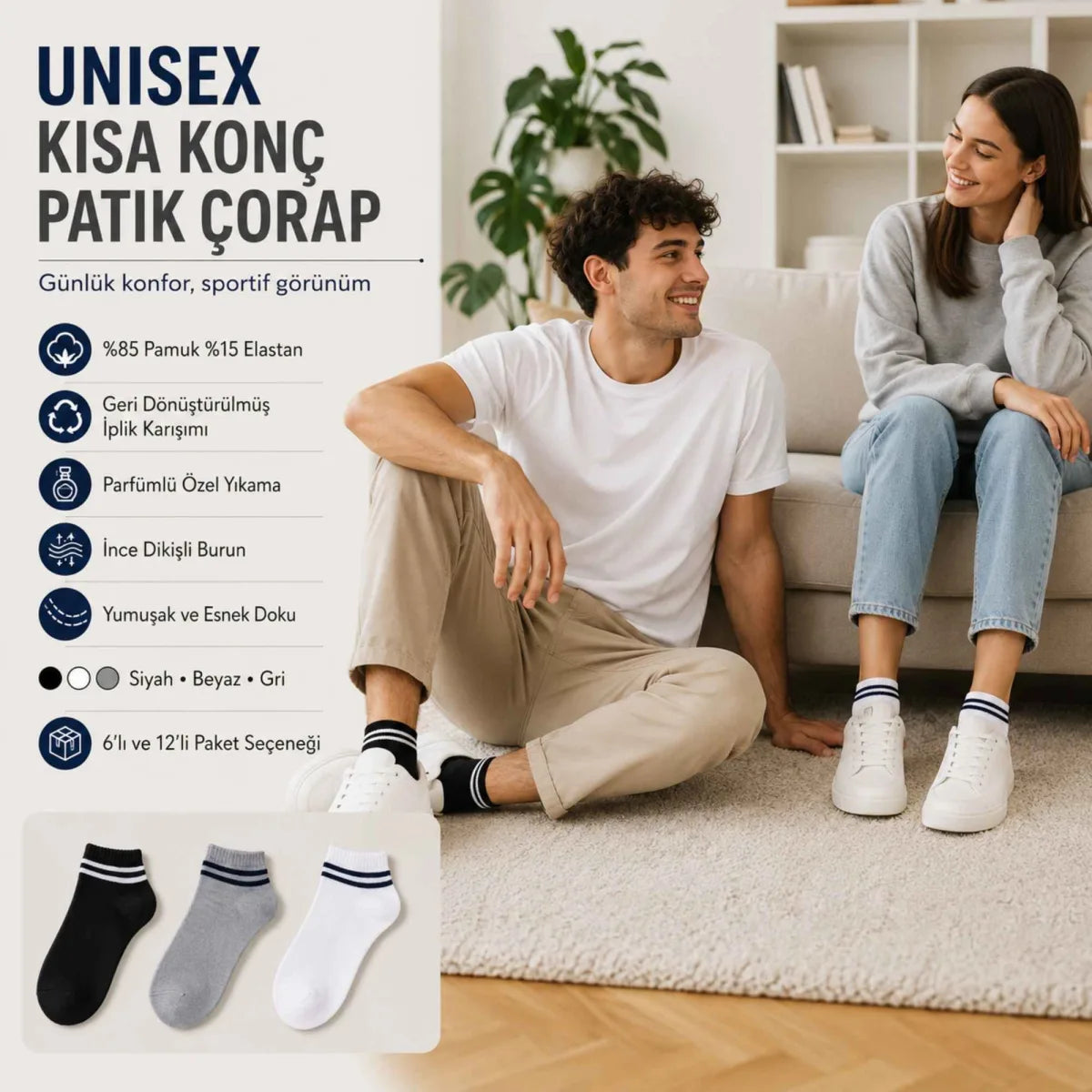 Unisex Çizgili Kısa Konç Patik Çorap 6 Çift, %85 Pamuklu Geri Dönüştürülmüş İplik, Parfümlü İnce Dikişli, Siyah Beyaz Gri Günlük Spor Çorabı
