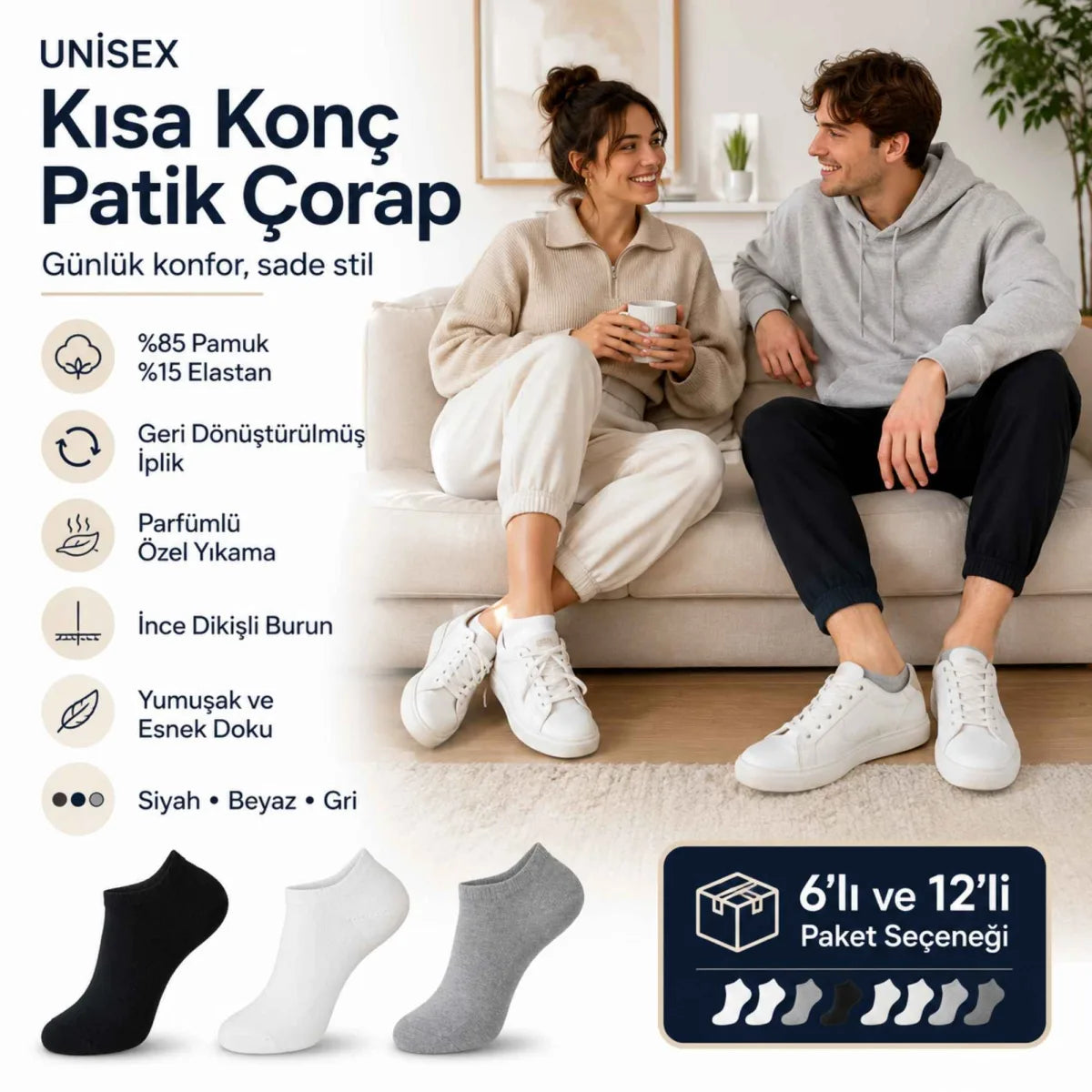 Unisex Dikişsiz Kısa Konç 6’lı Patik Çorap, %85 Pamuklu Geri Dönüştürülmüş İplik, Parfümlü, Siyah Beyaz Gri, Yumuşak Nefes Alan Günlük Spor Çorabı