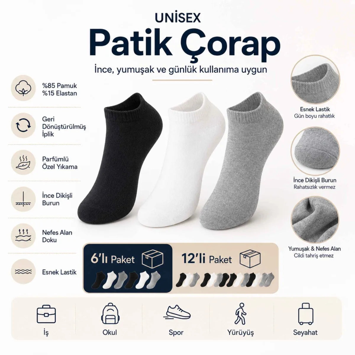 Unisex Kısa Konç 12’li Patik Çorap, %85 Pamuklu Geri Dönüştürülmüş İplik, Parfümlü İnce Dikişli, Günlük Spor Çorabı