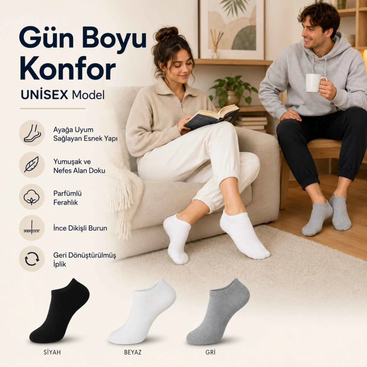 Unisex Kısa Konç 6’lı Patik Çorap, %85 Pamuklu Geri Dönüştürülmüş İplik, Parfümlü İnce Dikişli, Günlük Spor Çorabı
