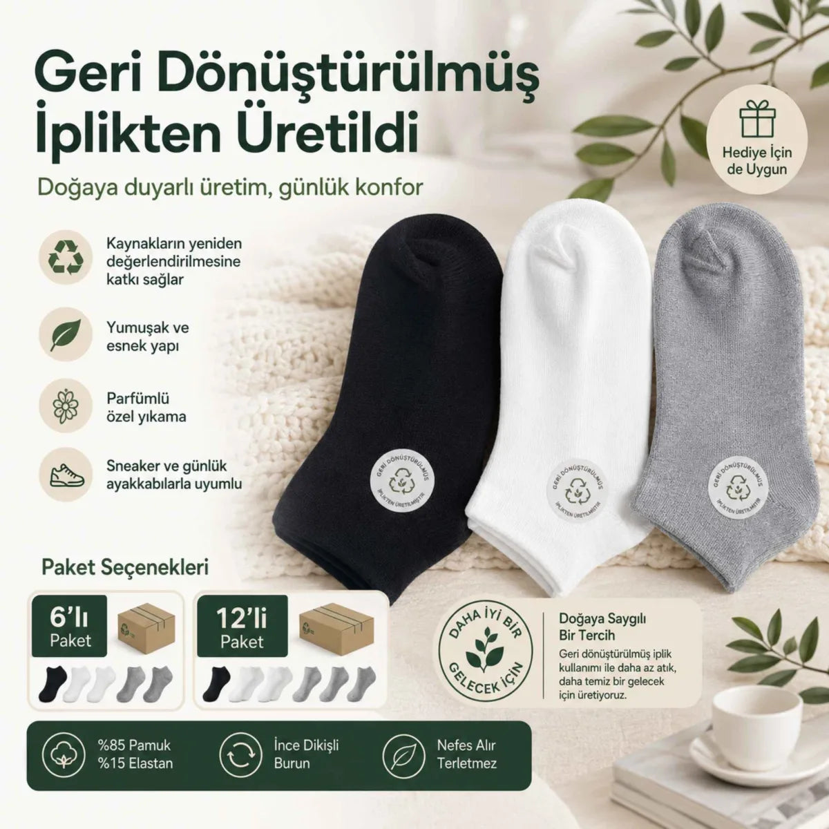 Unisex Kısa Konç 6’lı Patik Çorap, %85 Pamuklu Geri Dönüştürülmüş İplik, Parfümlü İnce Dikişli, Günlük Spor Çorabı