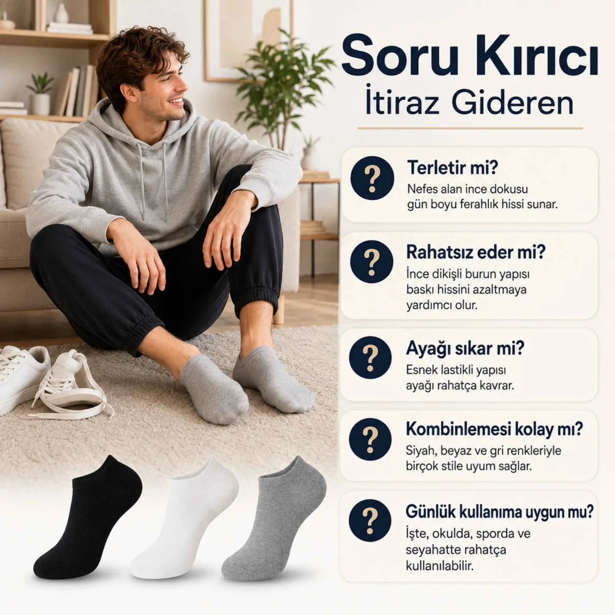 Unisex Kısa Konç 6’lı Patik Çorap, %85 Pamuklu Geri Dönüştürülmüş İplik, Parfümlü İnce Dikişli, Günlük Spor Çorabı