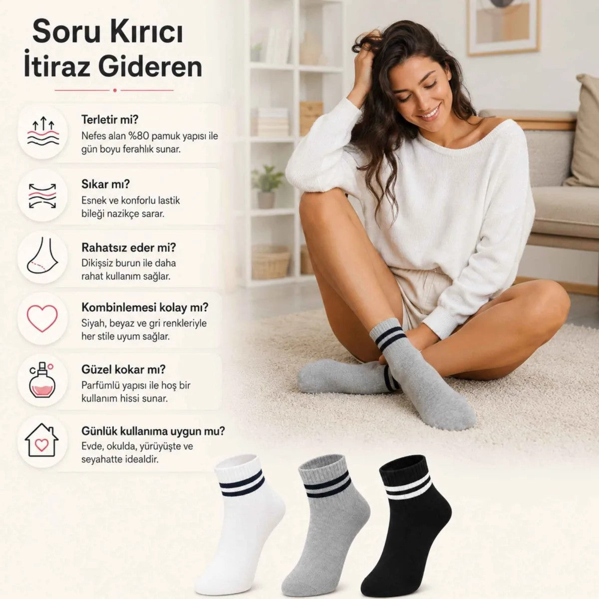 Unisex Çizgili Kısa Konç 12’li Bilek Çorabı, %80 Pamuklu Parfümlü, Dikişsiz Burun, Siyah Beyaz Gri, Yumuşak Günlük Spor Çorap