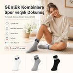 Unisex Çizgili Kısa Konç 12’li Bilek Çorabı, %80 Pamuklu Parfümlü, Dikişsiz Burun, Siyah Beyaz Gri, Yumuşak Günlük Spor Çorap
