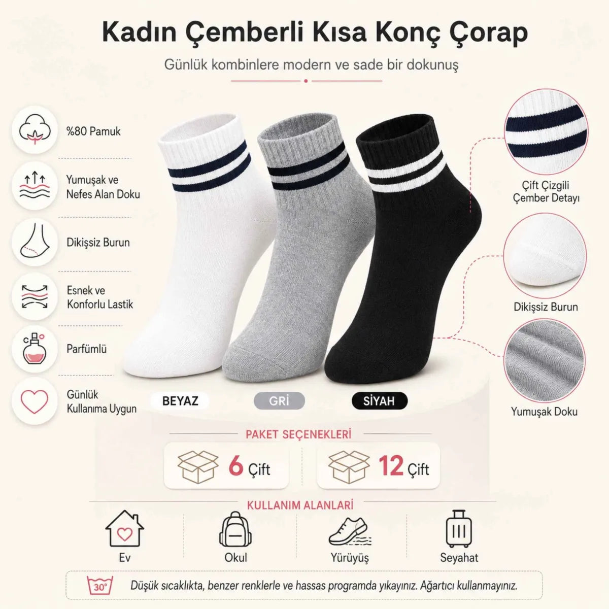 Unisex Çizgili Kısa Konç 6’lı Bilek Çorabı, %80 Pamuklu Parfümlü, Dikişsiz Burun, Siyah Beyaz Gri, Yumuşak Günlük Spor Çorap