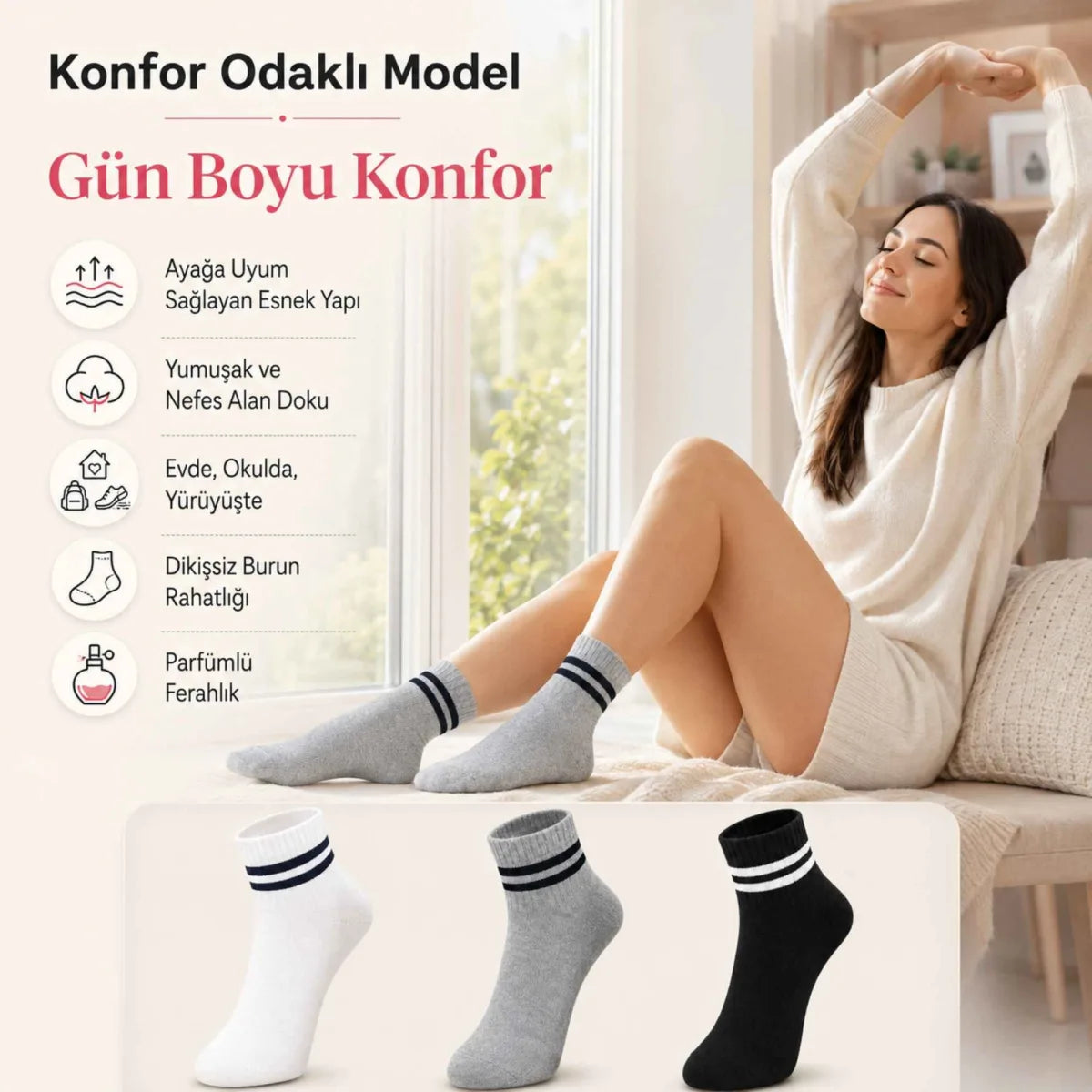Unisex Çizgili Kısa Konç 6’lı Bilek Çorabı, %80 Pamuklu Parfümlü, Dikişsiz Burun, Siyah Beyaz Gri, Yumuşak Günlük Spor Çorap
