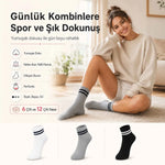 Unisex Çizgili Kısa Konç 6’lı Bilek Çorabı, %80 Pamuklu Parfümlü, Dikişsiz Burun, Siyah Beyaz Gri, Yumuşak Günlük Spor Çorap