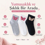 Kadın Kelebek Desenli Kısa Konç Çorap 3’lü Paket, %80 Pamuklu Dikişsiz Burun, Nefes Alan Yumuşak Bilek Çorabı, Siyah Beyaz Gri