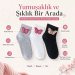 Kadın Kelebek Desenli Kısa Konç Çorap 3’lü Paket, %80 Pamuklu Dikişsiz Burun, Nefes Alan Yumuşak Bilek Çorabı, Siyah Beyaz Gri