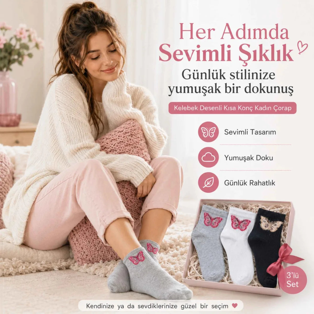 Kadın Kelebek Desenli Kısa Konç Çorap 3’lü Paket, %80 Pamuklu Dikişsiz Burun, Nefes Alan Yumuşak Bilek Çorabı, Siyah Beyaz Gri