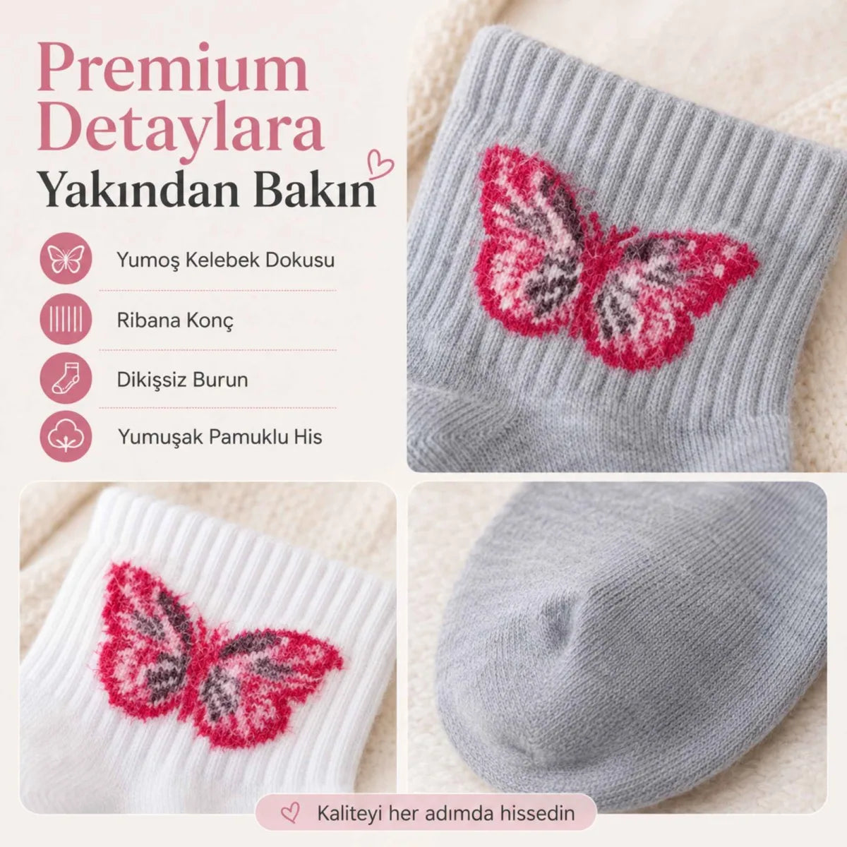 Kadın Kelebek Desenli Kısa Konç Çorap 3’lü Paket, %80 Pamuklu Dikişsiz Burun, Nefes Alan Yumuşak Bilek Çorabı, Siyah Beyaz Gri
