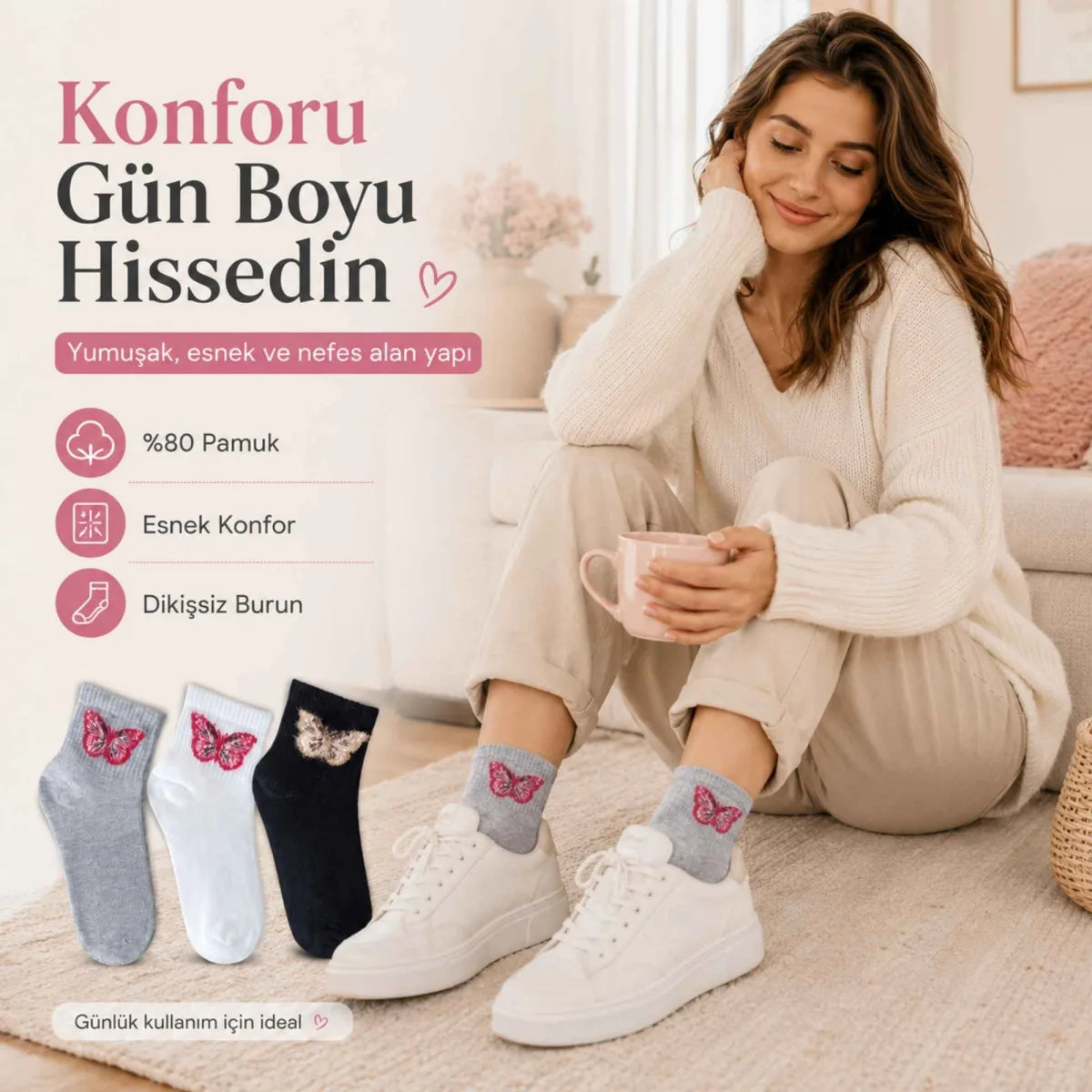 Kadın Kelebek Desenli Kısa Konç Çorap 3’lü Paket, %80 Pamuklu Dikişsiz Burun, Nefes Alan Yumuşak Bilek Çorabı, Siyah Beyaz Gri