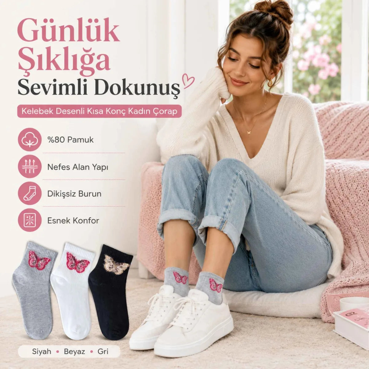 Kadın Kelebek Desenli Kısa Konç Çorap 6’lı Paket, %80 Pamuklu Dikişsiz Burun, Nefes Alan Yumuşak Bilek Çorabı, Siyah Beyaz Gri