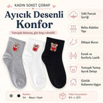 Kadın Ayıcık Desenli Kısa Konç Çorap 3’lü Paket, %80 Pamuklu Dikişsiz Burun, Nefes Alan Yumuşak Bilek Çorabı, Siyah Beyaz Gri