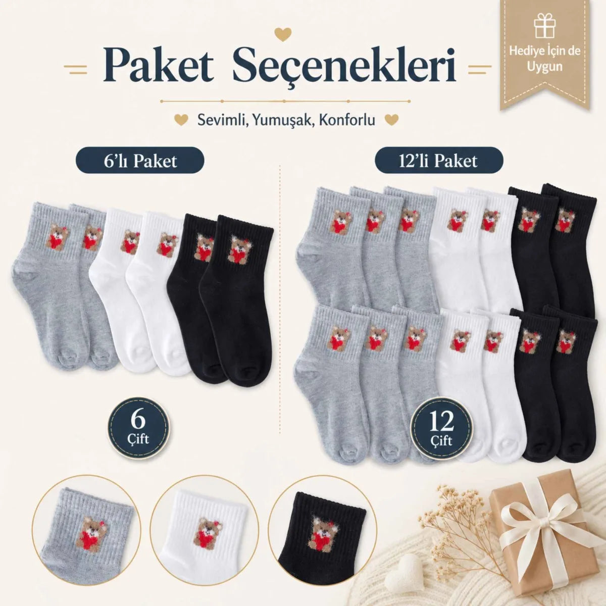 Kadın Ayıcık Desenli Kısa Konç Çorap 3’lü Paket, %80 Pamuklu Dikişsiz Burun, Nefes Alan Yumuşak Bilek Çorabı, Siyah Beyaz Gri