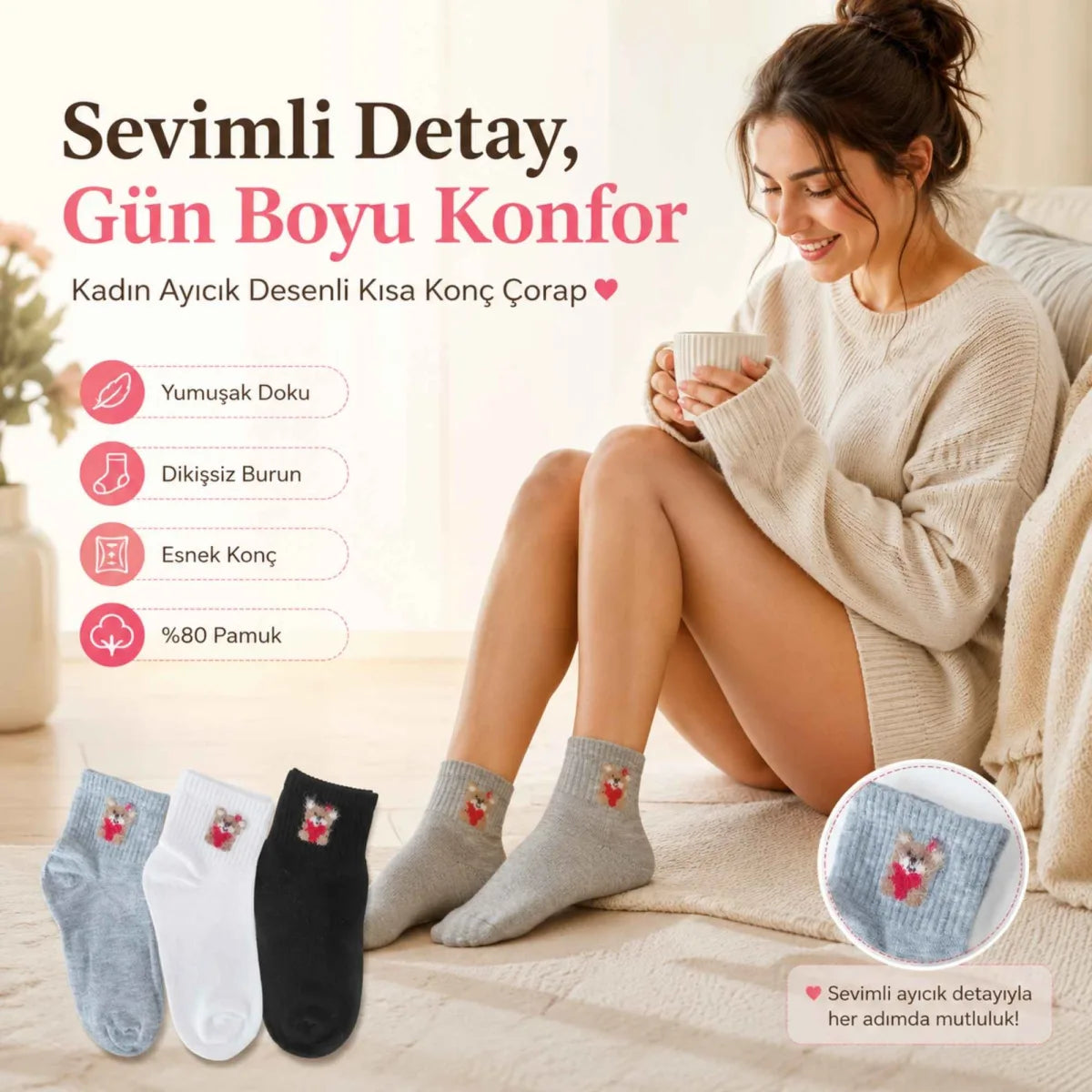 Kadın Ayıcık Desenli Kısa Konç Çorap 3’lü Paket, %80 Pamuklu Dikişsiz Burun, Nefes Alan Yumuşak Bilek Çorabı, Siyah Beyaz Gri