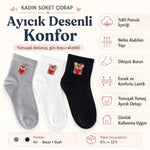Kadın Ayıcık Desenli Kısa Konç Çorap 6'lı | %80 Pamuklu Dikişsiz, Siyah Beyaz Gri
