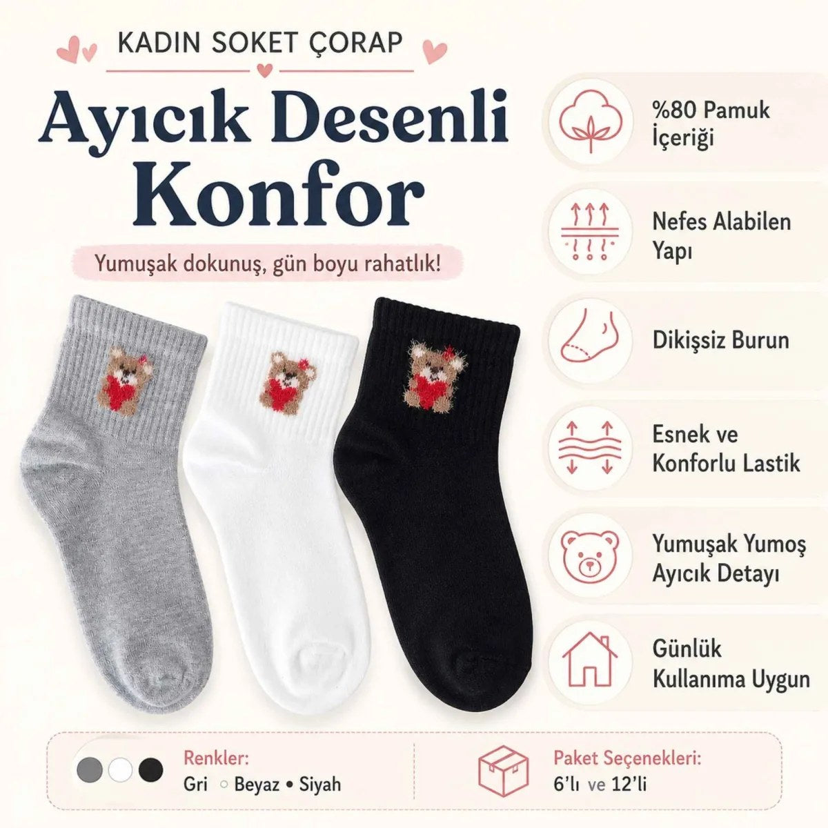 Kadın Ayıcık Desenli Kısa Konç Çorap 6'lı | %80 Pamuklu Dikişsiz, Siyah Beyaz Gri