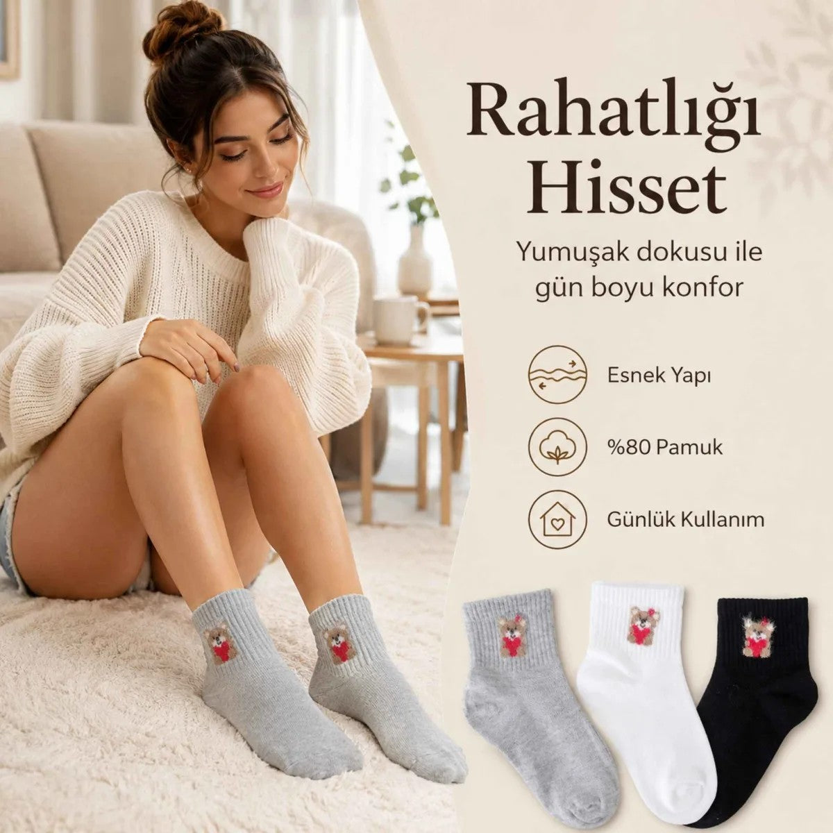 Kadın Ayıcık Desenli Kısa Konç Çorap 6’lı Paket, %80 Pamuklu Dikişsiz Burun, Nefes Alan Yumuşak Bilek Çorabı, Siyah Beyaz Gri