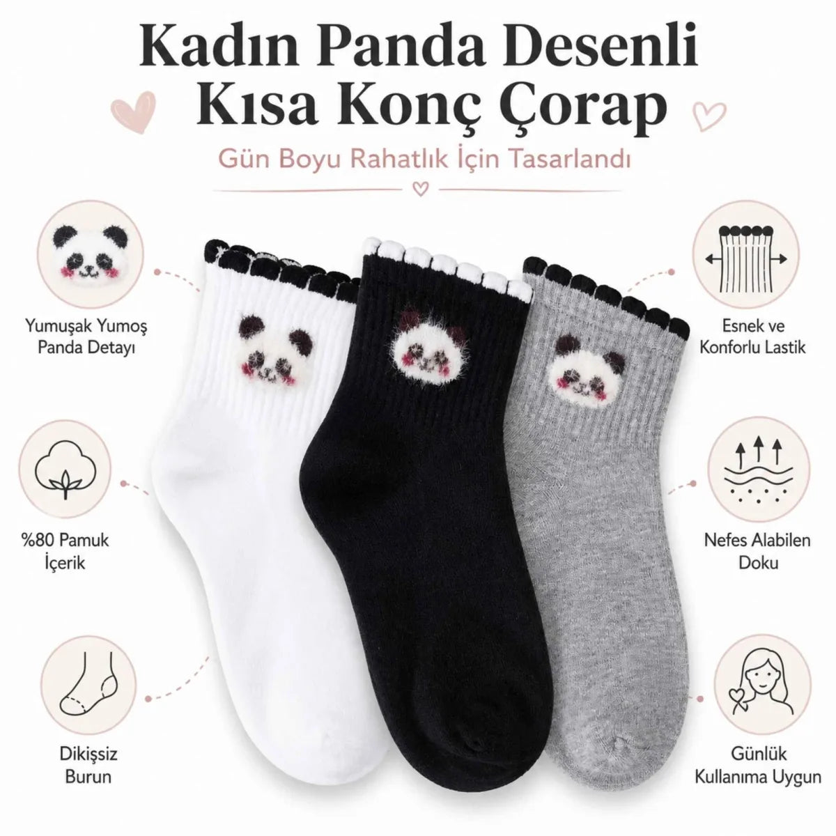 Kadın Panda Desenli Kısa Konç Çorap 12’li Paket, %80 Pamuklu Dikişsiz Burun, Nefes Alan Yumuşak Bilek Çorabı, Siyah Beyaz Gri