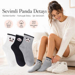 Kadın Panda Desenli Kısa Konç Çorap 12’li Paket, %80 Pamuklu Dikişsiz Burun, Nefes Alan Yumuşak Bilek Çorabı, Siyah Beyaz Gri