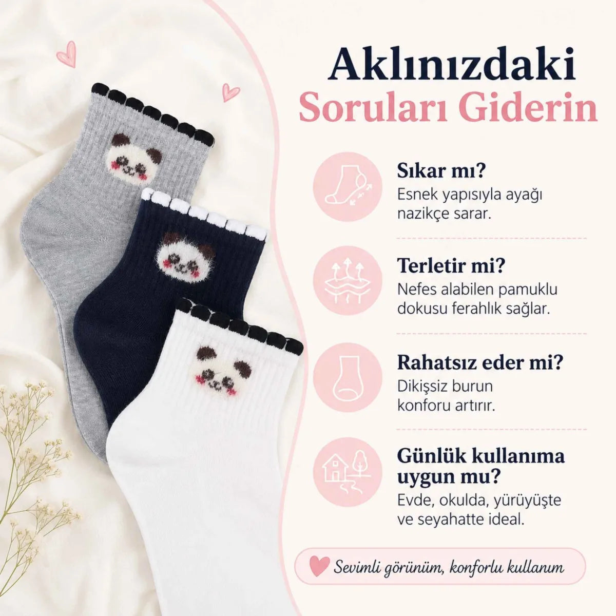 Kadın Panda Desenli Kısa Konç Çorap 12’li Paket, %80 Pamuklu Dikişsiz Burun, Nefes Alan Yumuşak Bilek Çorabı, Siyah Beyaz Gri