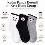 Kadın Panda Desenli Kısa Konç Çorap 3’lü Paket, %80 Pamuklu Dikişsiz Burun, Nefes Alan Yumuşak Bilek Çorabı, Siyah Beyaz Gri