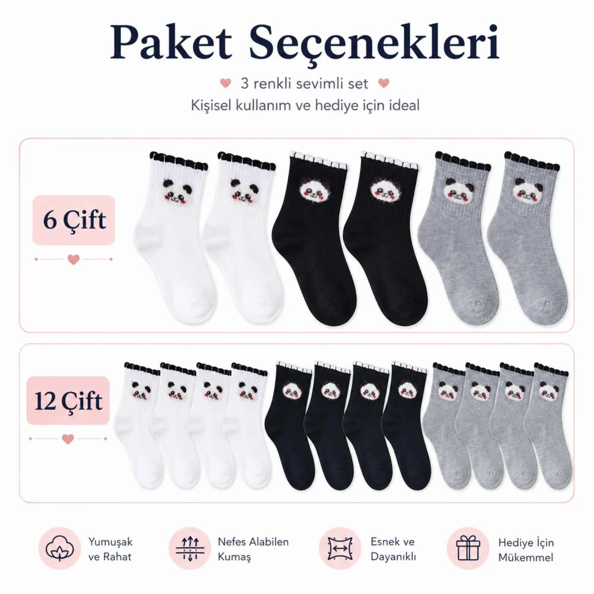 Kadın Panda Desenli Kısa Konç Çorap 3’lü Paket, %80 Pamuklu Dikişsiz Burun, Nefes Alan Yumuşak Bilek Çorabı, Siyah Beyaz Gri