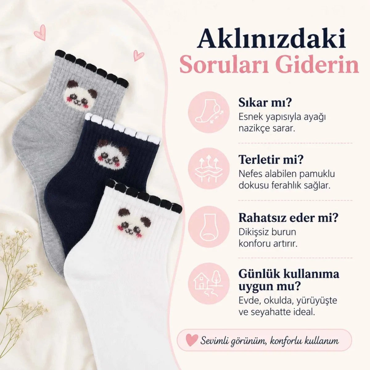 Kadın Panda Desenli Kısa Konç Çorap 3’lü Paket, %80 Pamuklu Dikişsiz Burun, Nefes Alan Yumuşak Bilek Çorabı, Siyah Beyaz Gri