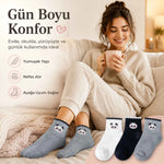 Kadın Panda Desenli Kısa Konç Çorap 6’lı Paket, %80 Pamuklu Dikişsiz Burun, Nefes Alan Yumuşak Bilek Çorabı, Siyah Beyaz Gri