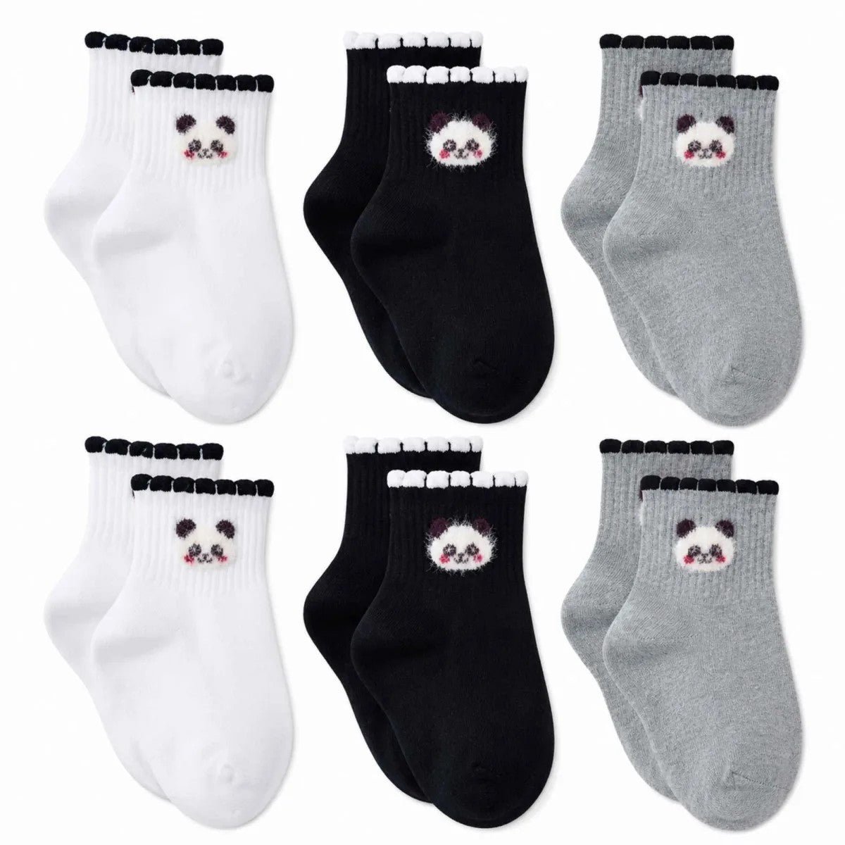 Kadın Panda Desenli Kısa Konç Çorap 6’lı Paket, %80 Pamuklu Dikişsiz Burun, Nefes Alan Yumuşak Bilek Çorabı, Siyah Beyaz Gri