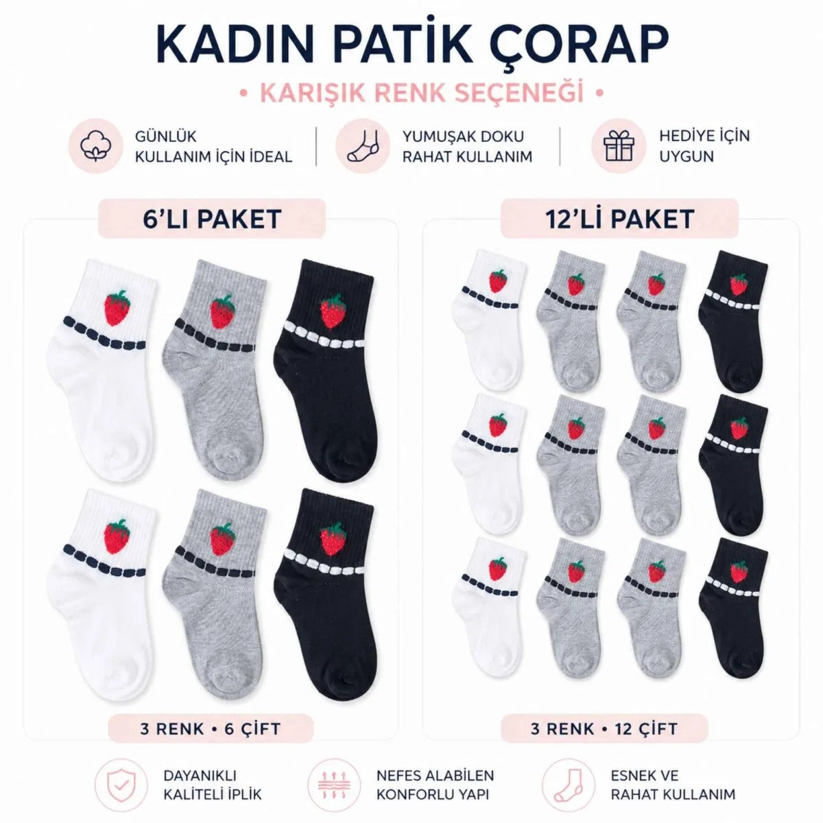 Kadın Çilek Desenli Kısa Konç Çorap 12’li Paket, %80 Pamuklu Dikişsiz Burun, Nefes Alan Yumuşak Bilek Çorabı, Siyah Beyaz Gri