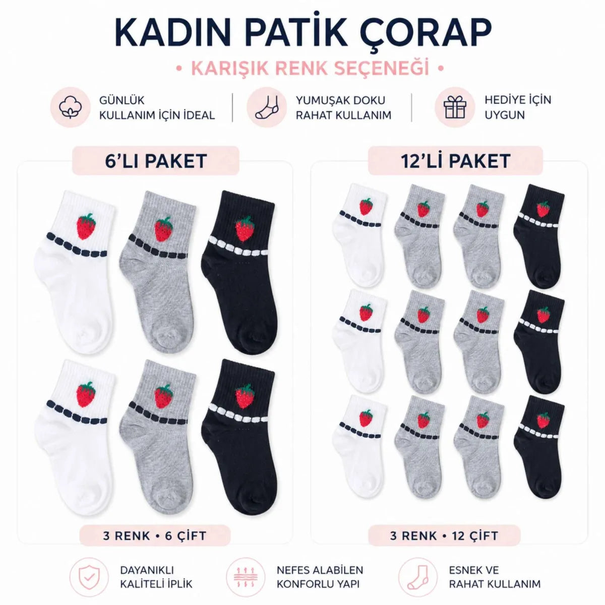 Kadın Çilek Desenli Kısa Konç Çorap 12’li Paket, %80 Pamuklu Dikişsiz Burun, Nefes Alan Yumuşak Bilek Çorabı, Siyah Beyaz Gri