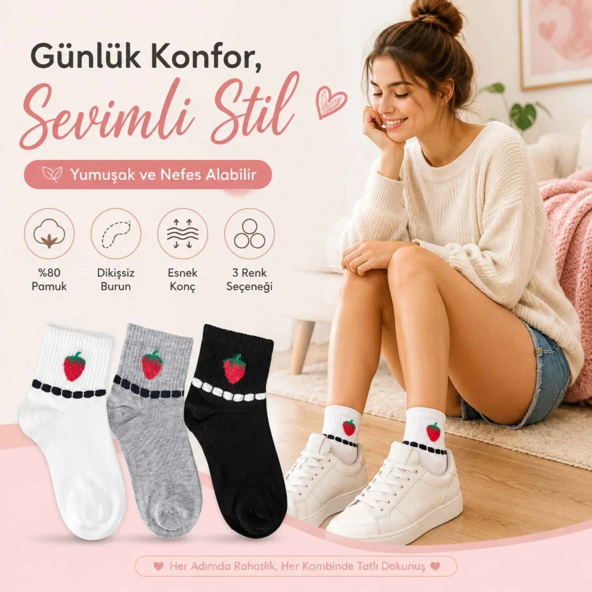 Kadın Çilek Desenli Kısa Konç Çorap 12’li Paket, %80 Pamuklu Dikişsiz Burun, Nefes Alan Yumuşak Bilek Çorabı, Siyah Beyaz Gri