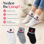 Kadın Çilek Desenli Kısa Konç Çorap 3’lü Paket, %80 Pamuklu Dikişsiz Burun, Nefes Alan Yumuşak Bilek Çorabı, Siyah Beyaz Gri