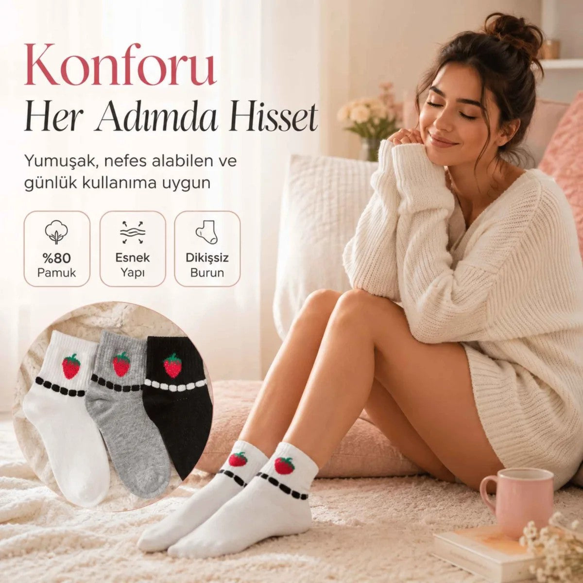 Kadın Çilek Desenli Kısa Konç Çorap 3’lü Paket, %80 Pamuklu Dikişsiz Burun, Nefes Alan Yumuşak Bilek Çorabı, Siyah Beyaz Gri