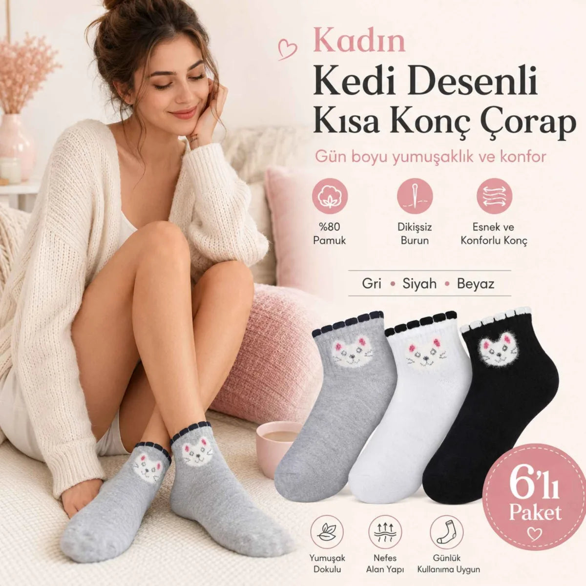 Kadın Kedi Desenli Kısa Konç Çorap 12’li Paket, %80 Pamuklu Dikişsiz Burun, Nefes Alan Yumuşak Bilek Çorabı, Gri Siyah Beyaz