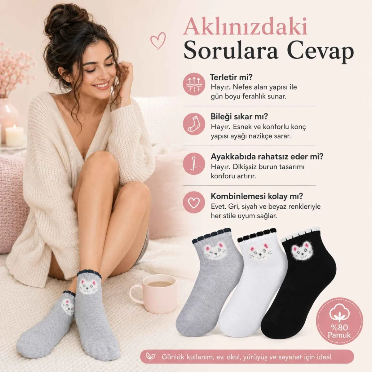 Kadın Kedi Desenli Kısa Konç Çorap 12’li Paket, %80 Pamuklu Dikişsiz Burun, Nefes Alan Yumuşak Bilek Çorabı, Gri Siyah Beyaz