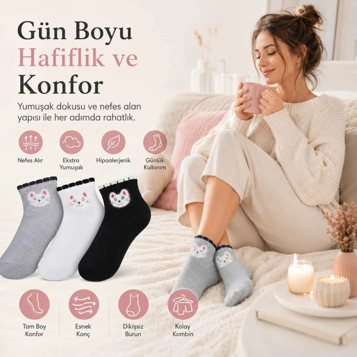 Kadın Kedi Desenli Kısa Konç Çorap 6’lı Paket, %80 Pamuklu Dikişsiz Burun, Nefes Alan Yumuşak Bilek Çorabı, Gri Siyah Beyaz