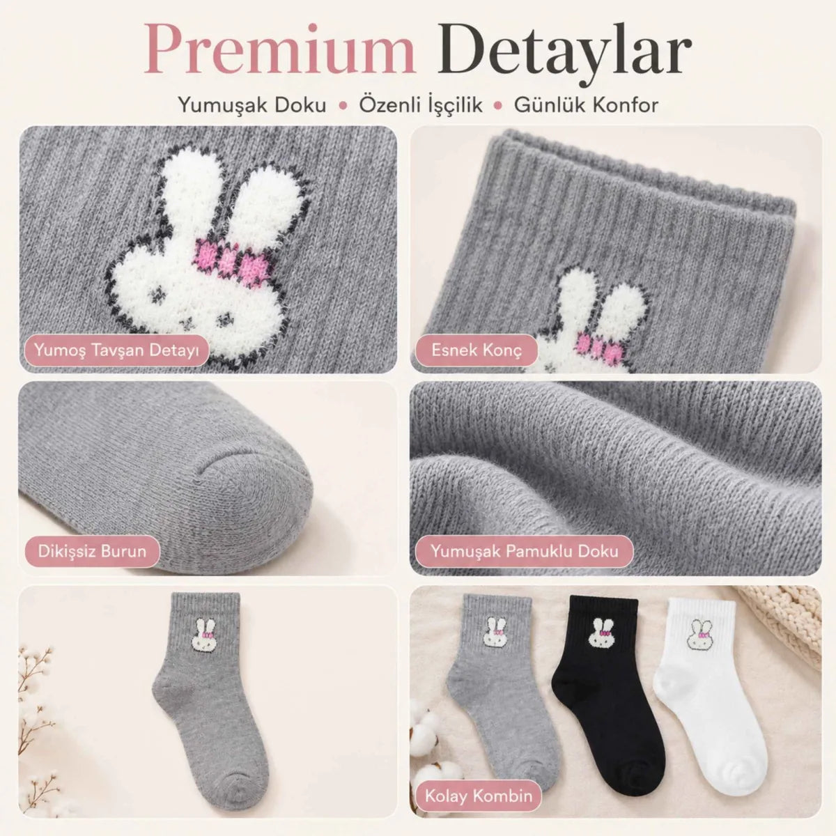 Kadın Tavşan Desenli Kısa Konç Çorap 12’li Paket, %80 Pamuklu Dikişsiz Burun, Nefes Alan Yumuşak Bilek Çorabı, Gri Siyah Beyaz