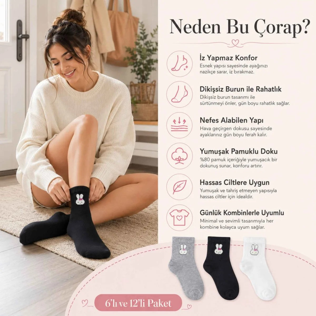 Kadın Tavşan Desenli Kısa Konç Çorap 12’li Paket, %80 Pamuklu Dikişsiz Burun, Nefes Alan Yumuşak Bilek Çorabı, Gri Siyah Beyaz