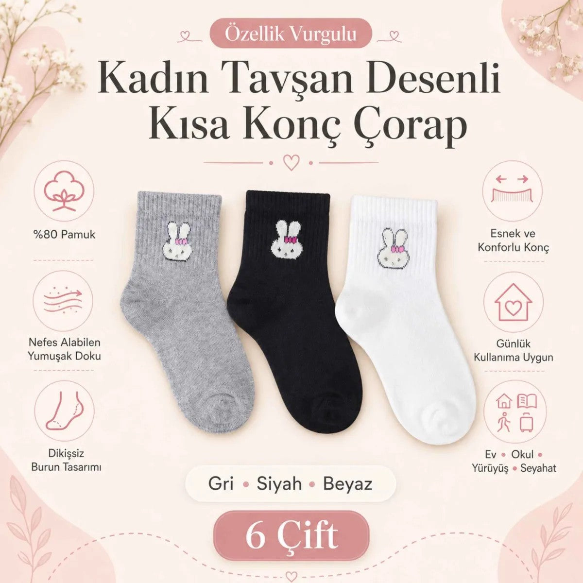 Kadın Tavşan Desenli Kısa Konç Çorap 6’lı Paket, %80 Pamuklu Dikişsiz Burun, Nefes Alan Yumuşak Bilek Çorabı, Gri Siyah Beyaz
