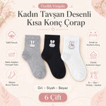 Kadın Tavşan Desenli Kısa Konç Çorap 6’lı Paket, %80 Pamuklu Dikişsiz Burun, Nefes Alan Yumuşak Bilek Çorabı, Gri Siyah Beyaz