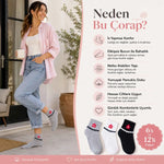 Kadın Çiçek Desenli Kısa Konç Çorap 12’li Paket, %80 Pamuklu Dikişsiz Burun, Nefes Alan Yumuşak Bilek Çorabı, Gri Siyah Beyaz