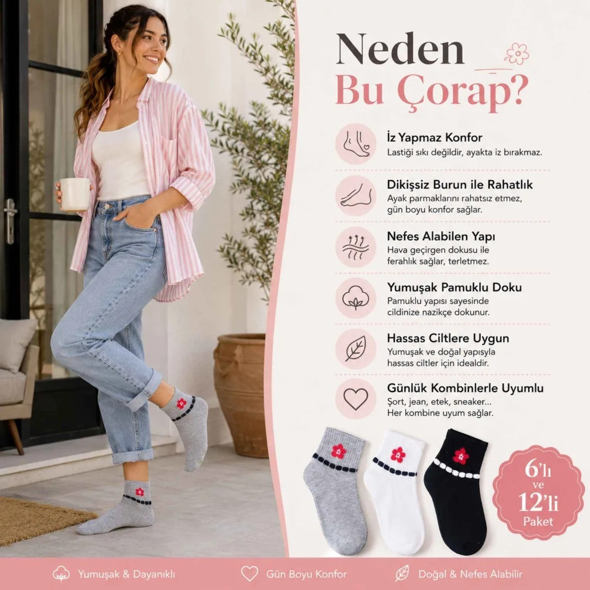 Kadın Çiçek Desenli Kısa Konç Çorap 12’li Paket, %80 Pamuklu Dikişsiz Burun, Nefes Alan Yumuşak Bilek Çorabı, Gri Siyah Beyaz