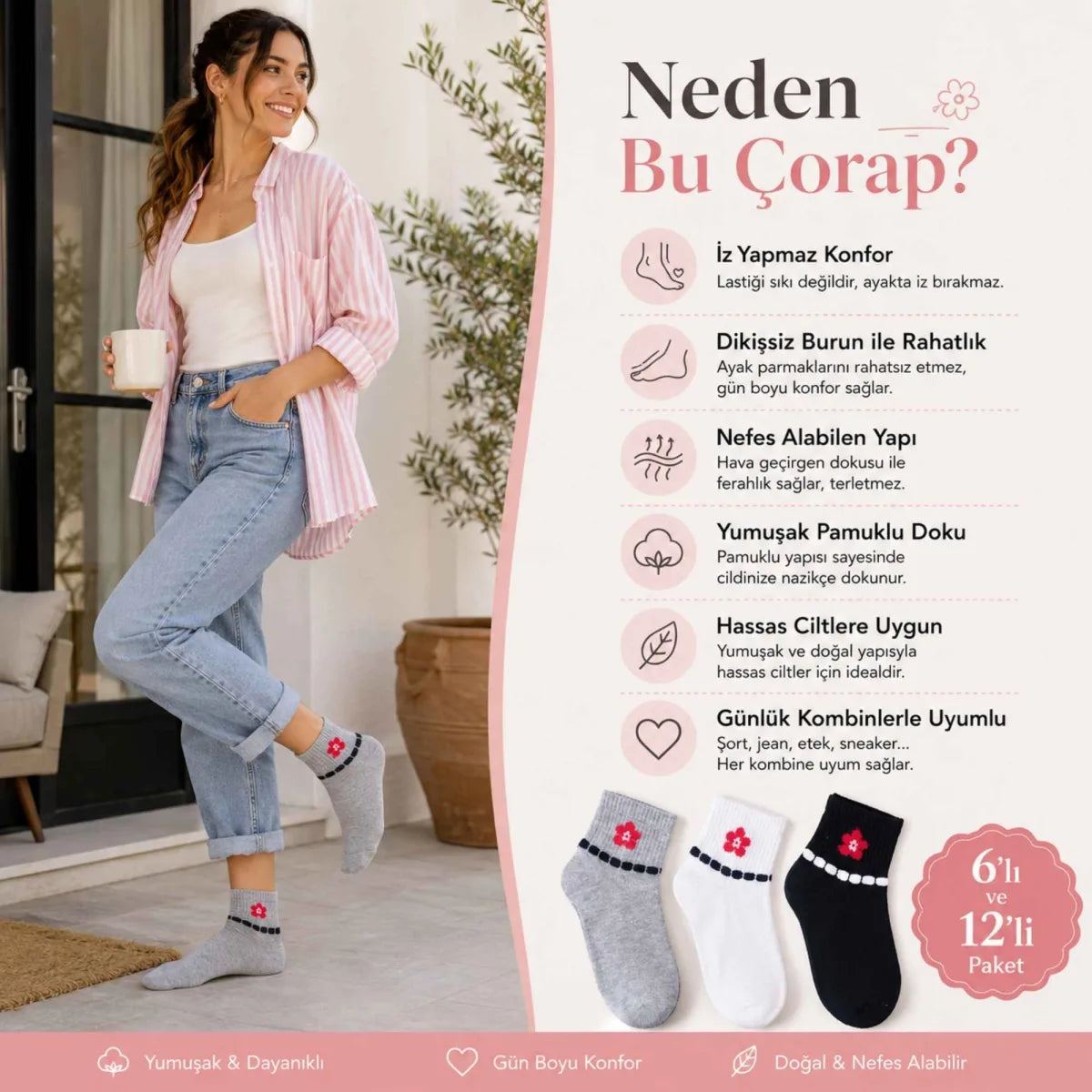 Kadın Çiçek Desenli Kısa Konç Çorap 12’li Paket, %80 Pamuklu Dikişsiz Burun, Nefes Alan Yumuşak Bilek Çorabı, Gri Siyah Beyaz