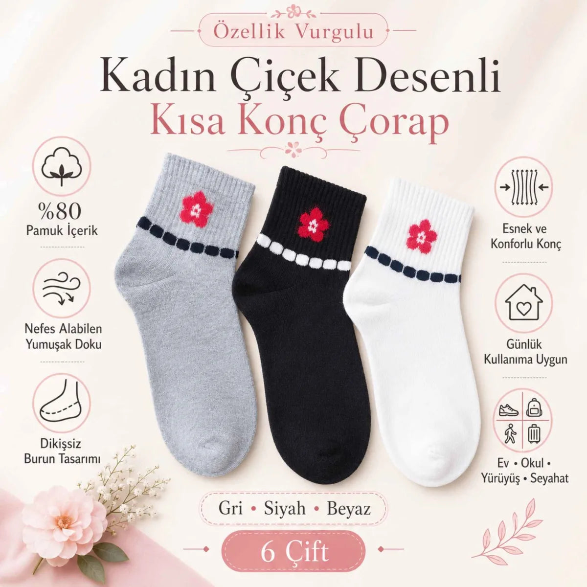 Kadın Çiçek Desenli Kısa Konç Çorap 12’li Paket, %80 Pamuklu Dikişsiz Burun, Nefes Alan Yumuşak Bilek Çorabı, Gri Siyah Beyaz