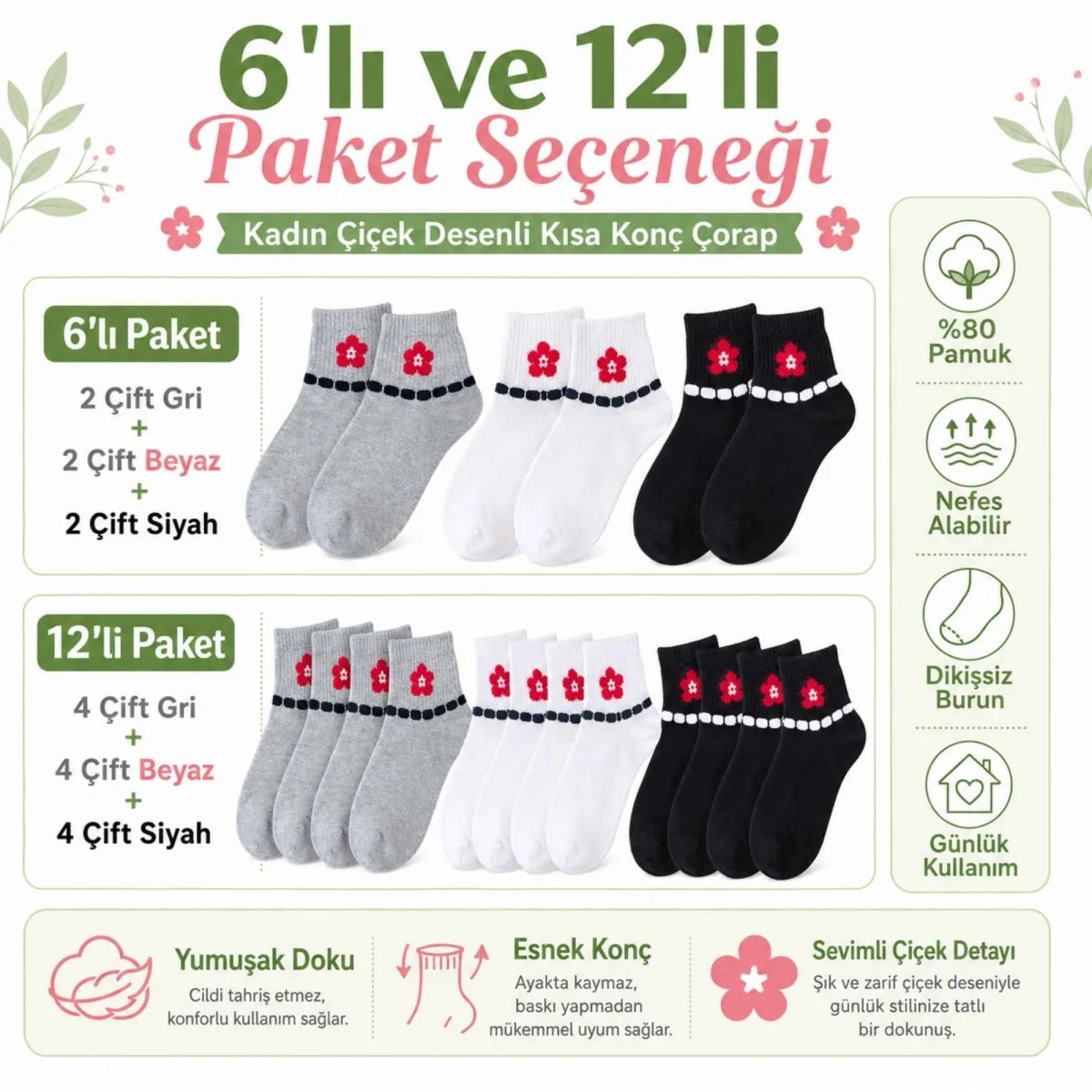 Kadın Çiçek Desenli Kısa Konç Çorap 3’lü Paket, %80 Pamuklu Dikişsiz Burun, Nefes Alan Yumuşak Bilek Çorabı, Gri Siyah Beyaz