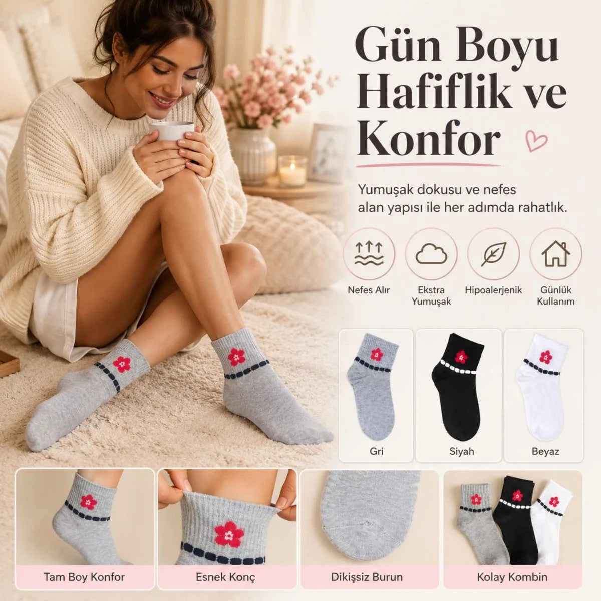 Kadın Çiçek Desenli Kısa Konç Çorap 3’lü Paket, %80 Pamuklu Dikişsiz Burun, Nefes Alan Yumuşak Bilek Çorabı, Gri Siyah Beyaz