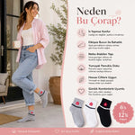 Kadın Çiçek Desenli Kısa Konç Çorap 3’lü Paket, %80 Pamuklu Dikişsiz Burun, Nefes Alan Yumuşak Bilek Çorabı, Gri Siyah Beyaz